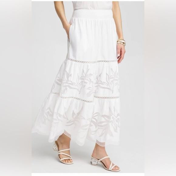 Chico's Dresses & Skirts - Elegant White Lace Maxi‎ Skirt poplin pull on Chico’s size 12